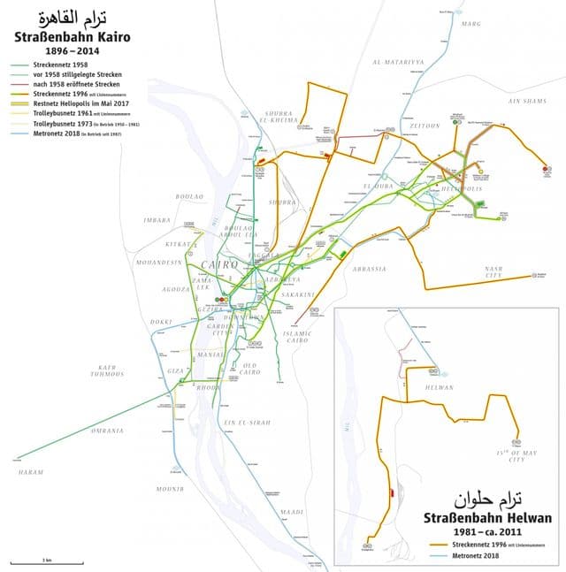 Mapa das estações de eléctrico do Cairo